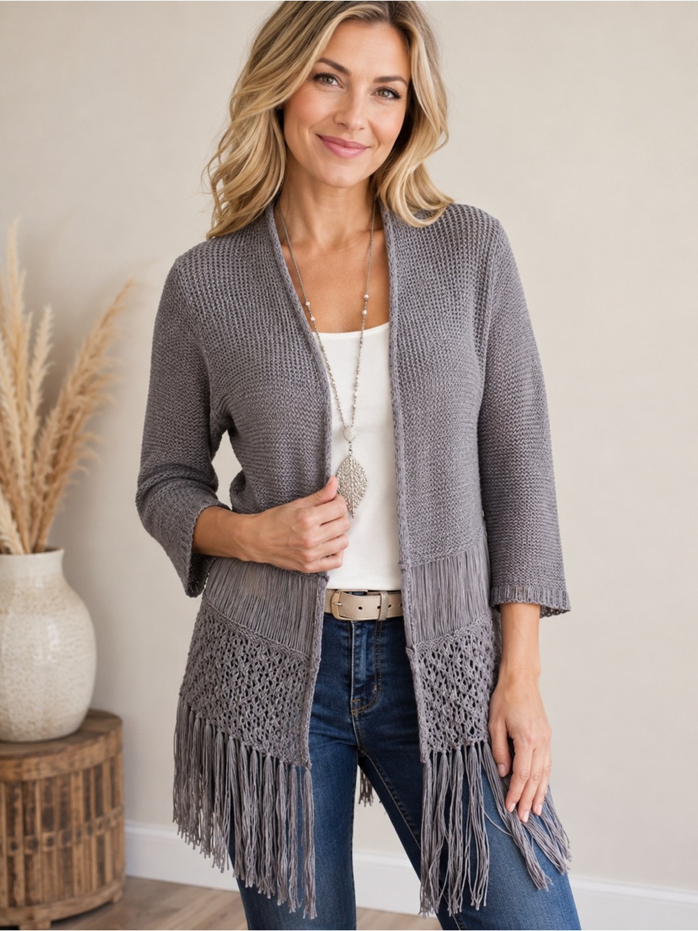 NY Collection Fringe Cardigan Sweater Grey Boho Top XS